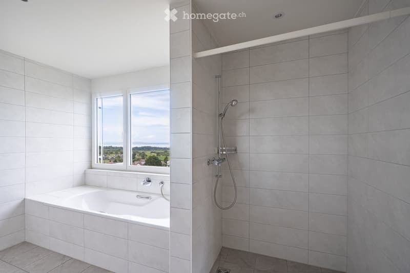 Modern bathroom with a bathtub and separate shower area, large windows offering a scenic view.
