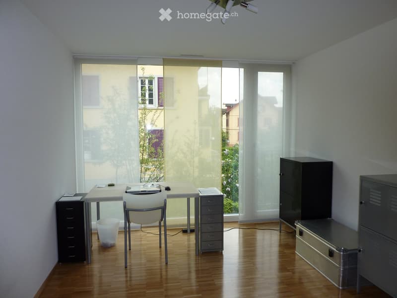 Bright, modern room with wooden flooring, large windows with blinds, a white desk, a chair, and several cabinets.