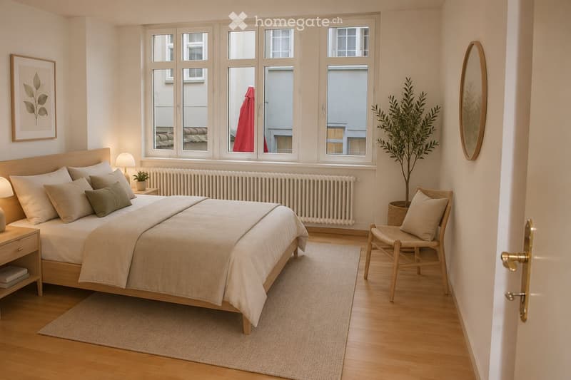 Cozy bedroom with a large bed, nightstand, chair, mirror, plant, and picture frame. Large windows with a view of the city.