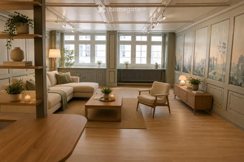 Modern living room with light-colored wood flooring, large windows, a sectional sofa, coffee table, armchair, side table, floor lamp, table lamp, decorative vases, books, candles, and plants.
