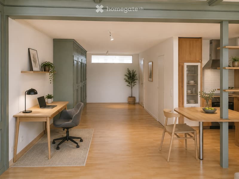 Open-plan living and dining area with modern wooden furniture, a desk with a laptop, a dining table with chairs, and built-in kitchen cabinets.