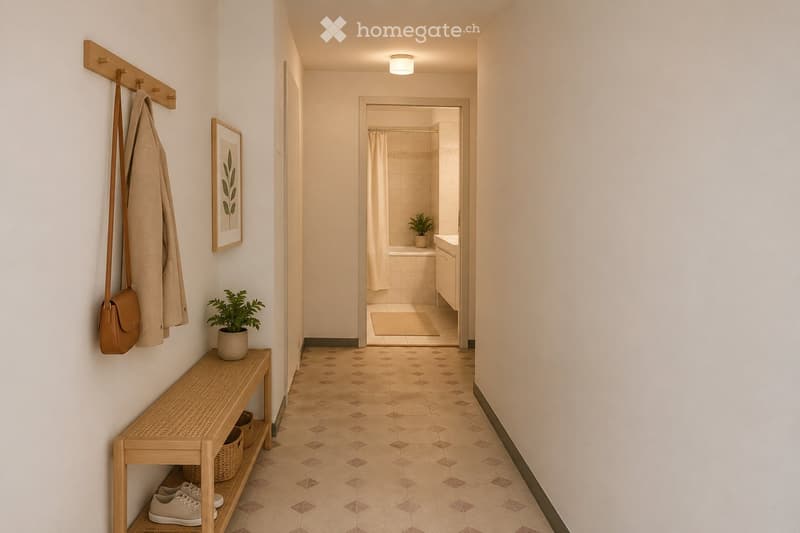 A modern hallway with a geometric tile floor, a wooden bench with baskets and shoes, a coat rack with a coat and bag, and a framed picture. A small plant is placed on the bench. The hallway leads to a bathroom with a bathtub, sink, and a small plant on th