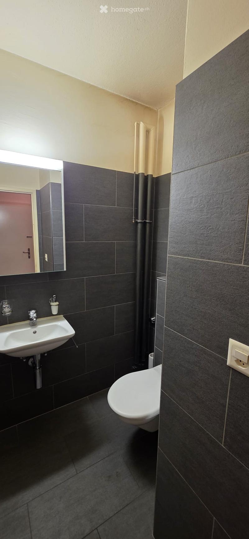 Modern bathroom with black tiled walls and floor, white sink, toilet, and mirror. Features a sleek design with a small window providing natural light.