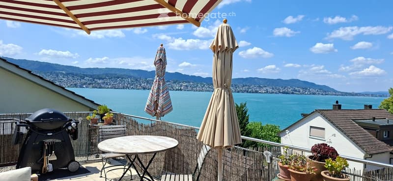 Balcony with a scenic lake view, featuring a round table, chairs, umbrellas, a grill, and potted plants.