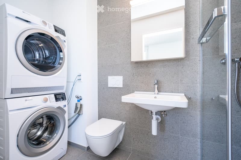 Modern bathroom with a white sink, toilet, washing machine, and a large mirror above the sink. The walls are tiled in a neutral gray color, and the floor is also gray.
