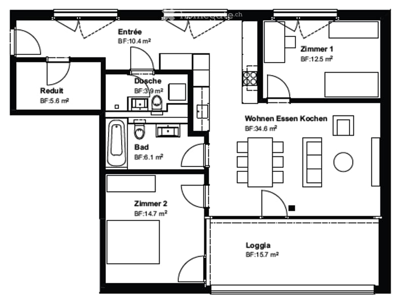 Floor plan of a 5-room apartment including entrance, living-dining-kitchen area, two bedrooms, bathroom, hallway, and loggia.