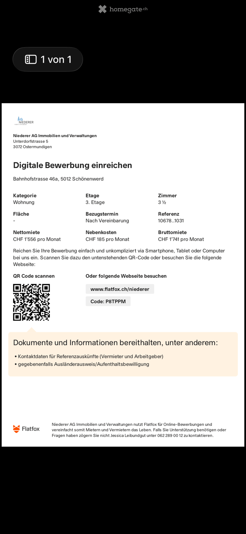A digital rental application form for Niederer AG Immobilien und Verwaltungen, showing details for a 3.5-room apartment in Schönenwerd, including rent, reference number, and QR code for submission.