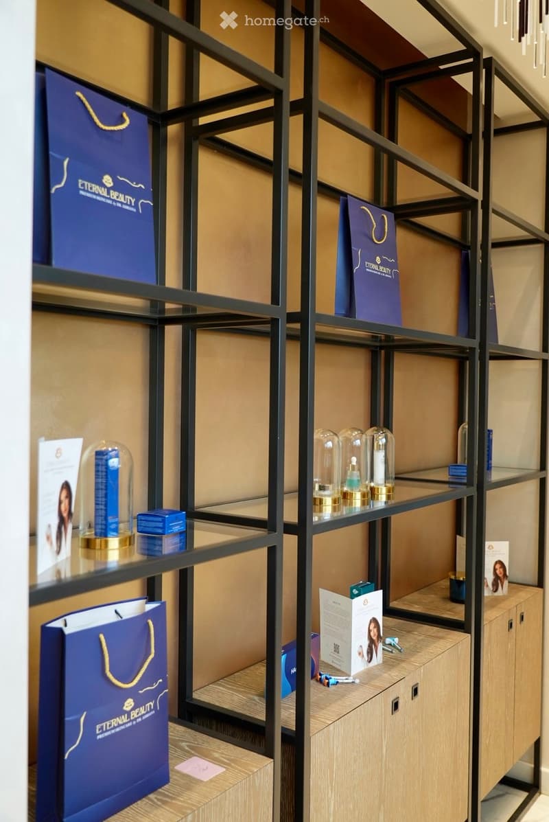 A modern, well-organized display area with shelves holding branded handbags, cosmetic bottles, brochures, and a small cabinet.