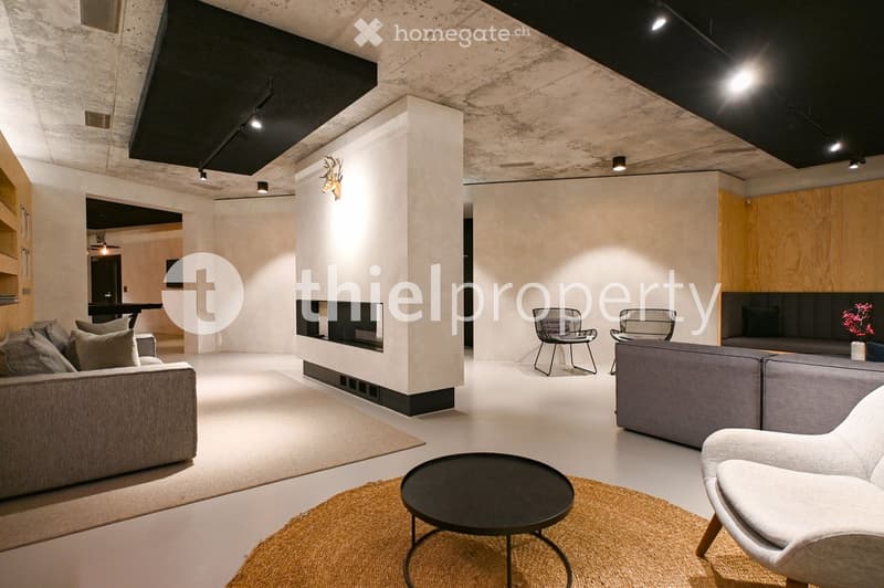 Concrete ceiling, fireplace, modern furniture, large windows, decorative elements, rug