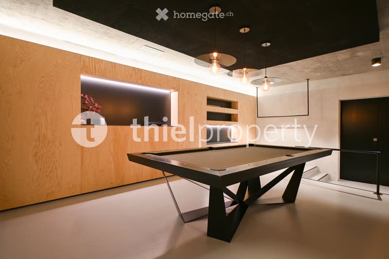 Game room with a billiard table, wooden walls, black ceiling, LED lights, metal handrail, decorative flowers in a pot.