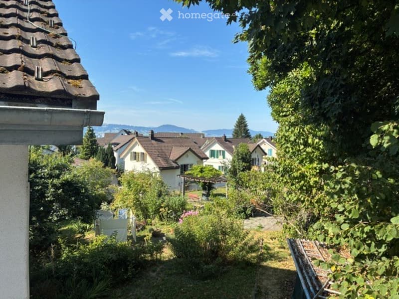 Garden with lush greenery, small pathway, and view of neighboring houses and distant mountains under a clear blue sky.