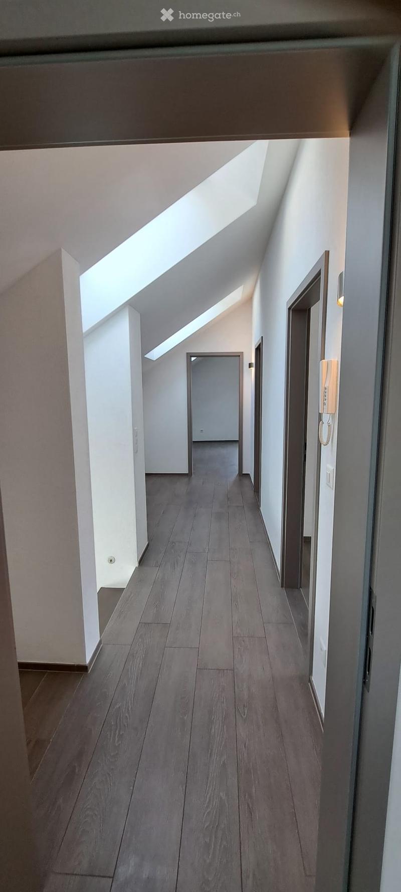 Modern hallway with wooden flooring, white walls, and multiple doors leading to rooms. Natural light streams in from skylights at the top.