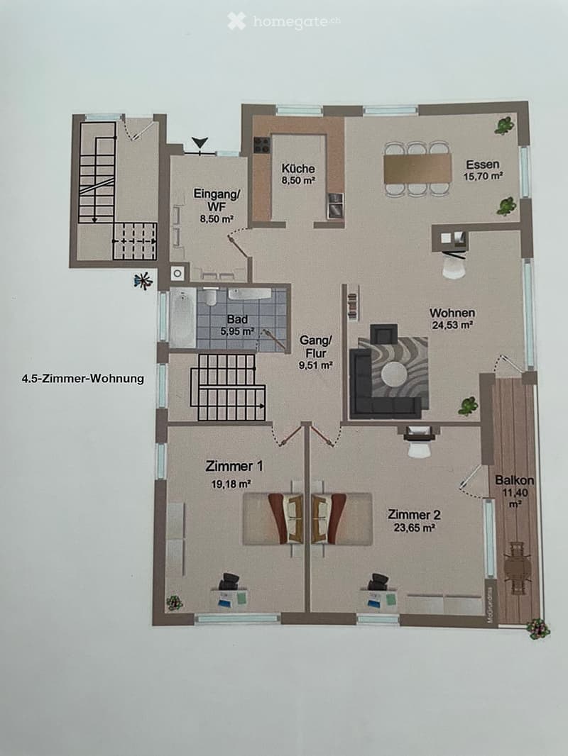Floor plan of a 4.5-room apartment with labeled rooms including entrance, kitchen, dining area, living room, hallway, bathroom, and two bedrooms, with a balcony.