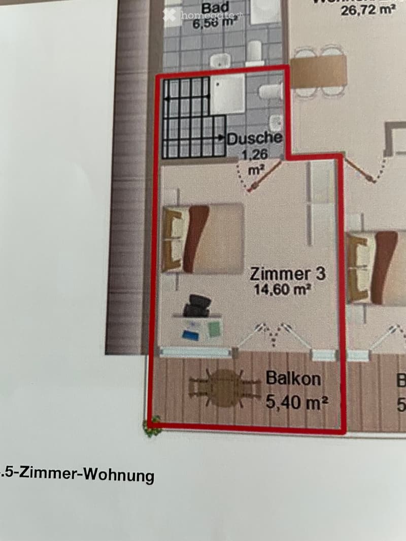 Floor plan of a 5-room apartment showing a room labeled "Zimmer 3" with a balcony, a bathroom, and a shower area.