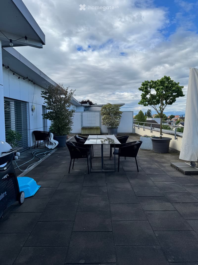 Roof terrace with a glass table, black chairs, potted plants, and a large umbrella.