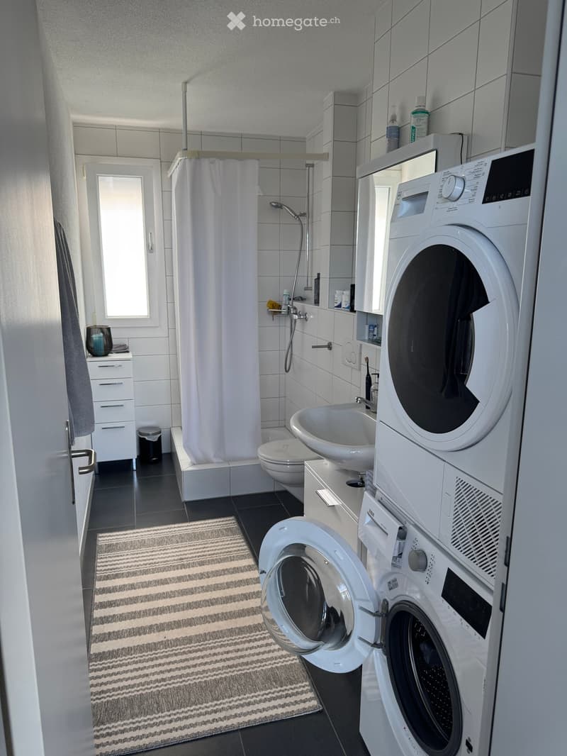 Modern bathroom with a shower, toilet, sink, washing machine, dryer, and a small cabinet. Features a striped rug and a window above the shower area.