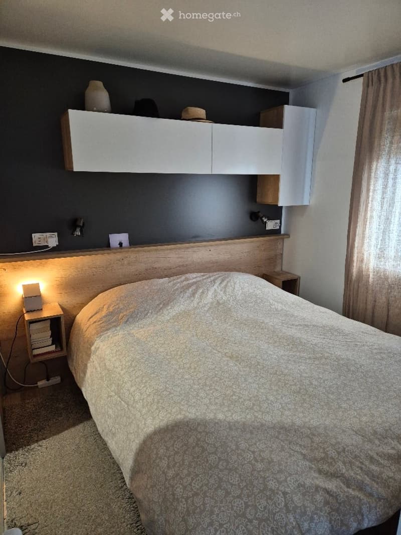 Modern bedroom with a large bed, nightstand, built-in cabinets, and decorative items on top.