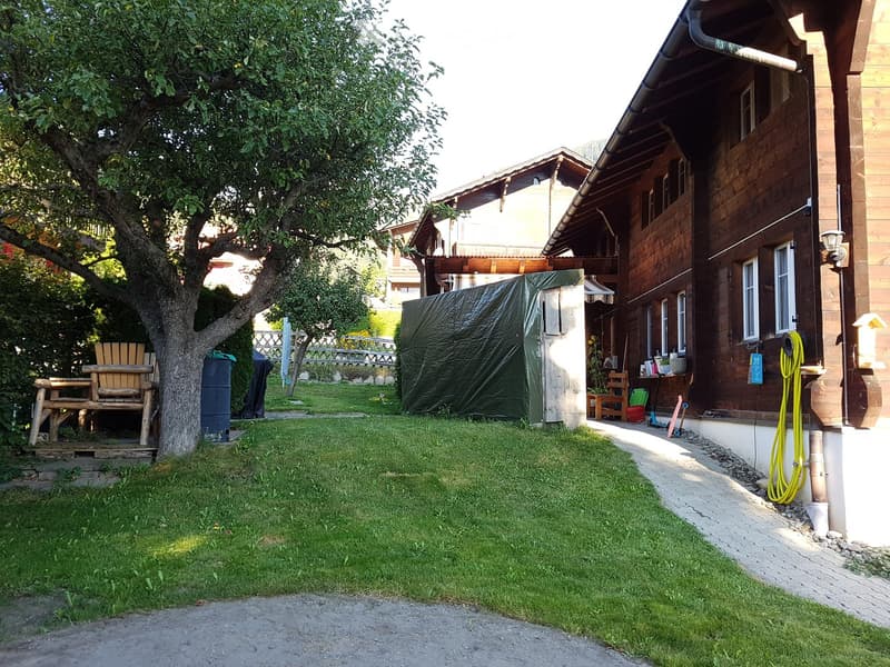 Lush garden with a wooden bench, table, and chairs near a large tree, a covered storage area, and a wooden house with multiple windows.