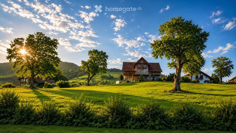 A serene countryside scene with a wooden house, lush green fields, and tall trees under a bright blue sky with scattered clouds.