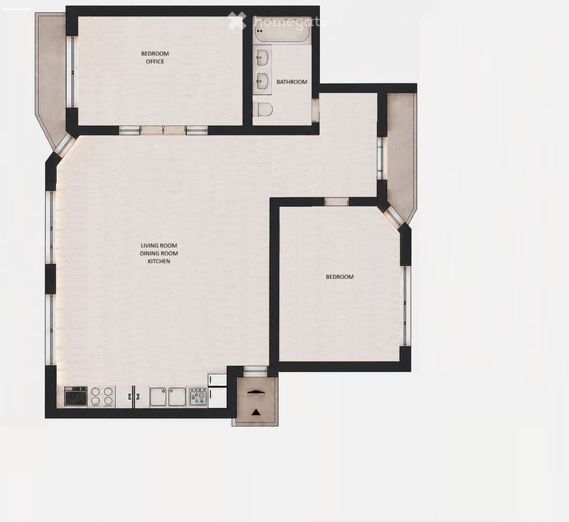 Floor plan of a modern apartment featuring a living room, dining room, kitchen, two bedrooms, a bathroom, and a bedroom office.