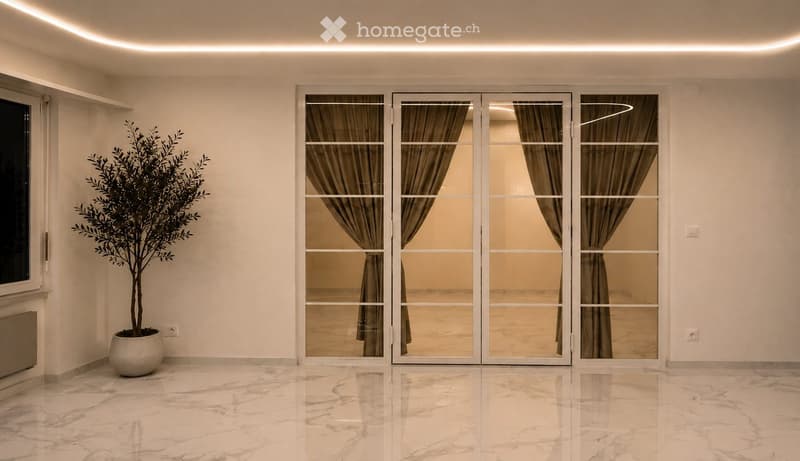 Empty room with white walls, marble flooring, large glass doors with curtains, and a potted plant in the corner.
