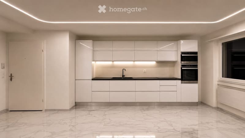 Modern kitchen with white cabinets, black countertop, marble flooring, and built-in oven.