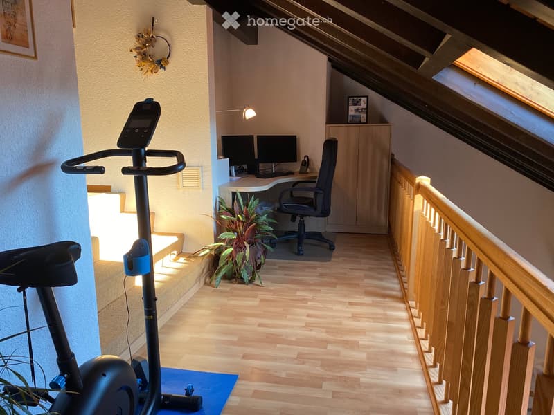 Well-lit room with wooden flooring, exercise bike, desk with computer, chair, and potted plant. Features a wooden railing and slanted ceiling with skylight.