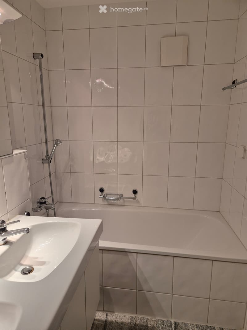 Modern bathroom with a white sink, bathtub, and tiled walls. Features a showerhead and a toilet paper holder.