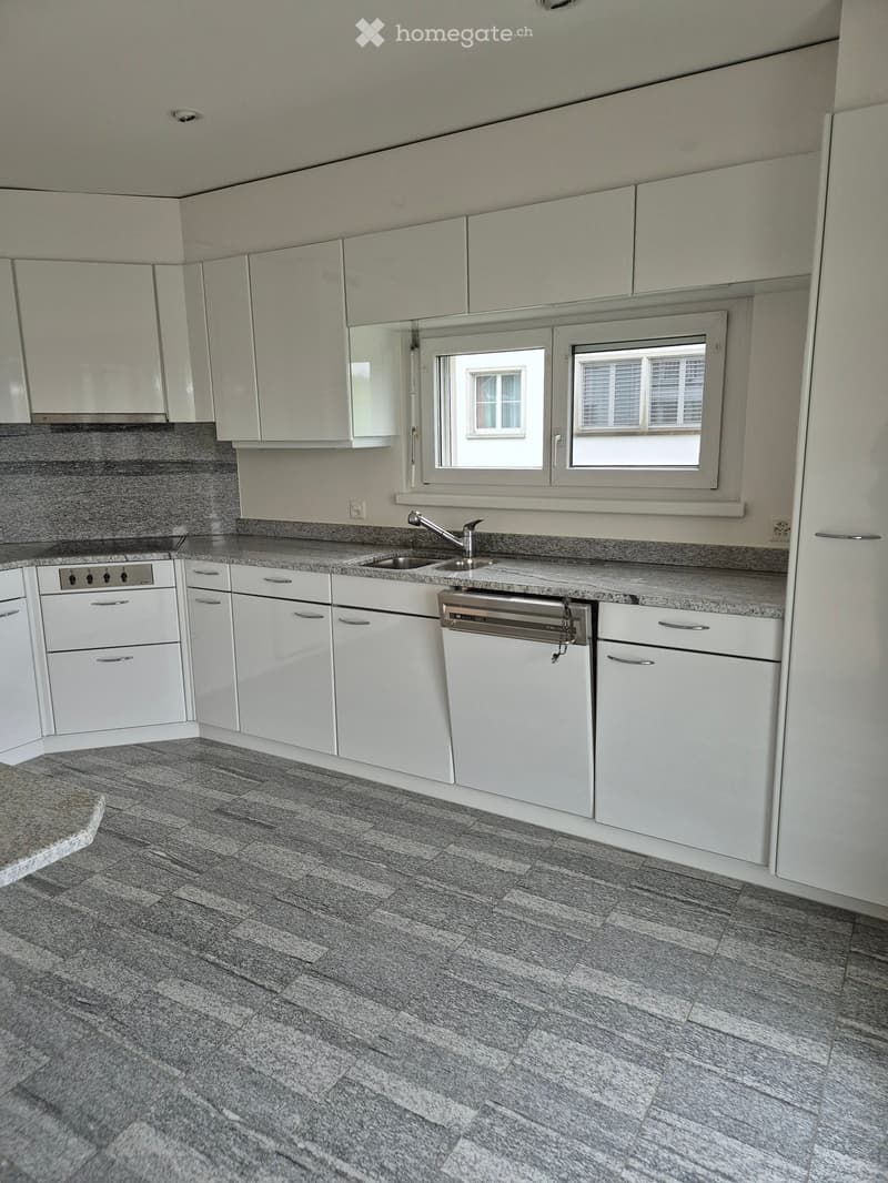 Modern kitchen with white cabinets, granite countertops, and a stainless steel dishwasher. Features a sink with a modern faucet and ample cabinet space.