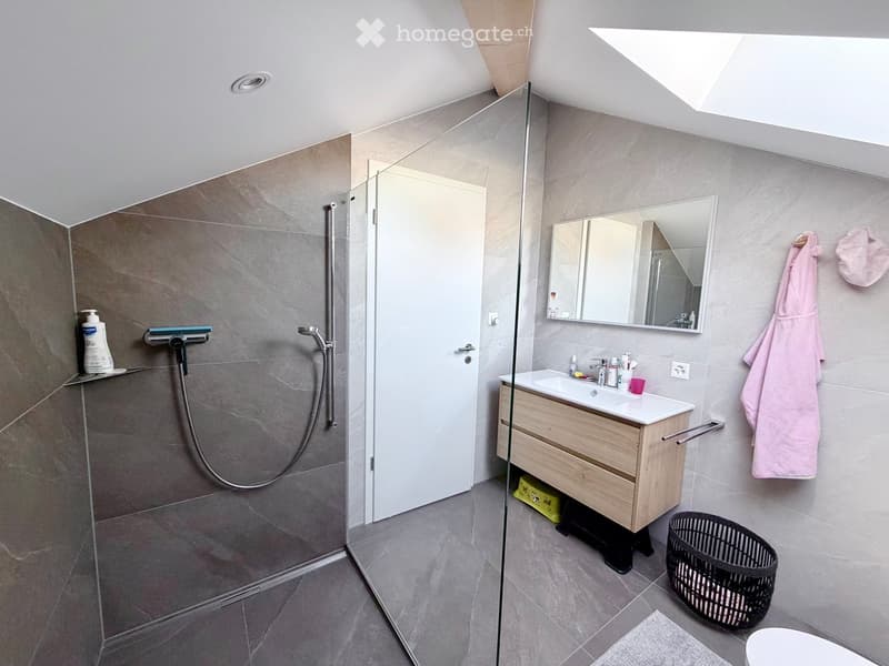 Modern bathroom with a glass-enclosed shower, a wooden vanity with a sink, a large mirror, and a pink towel hanging on the wall.