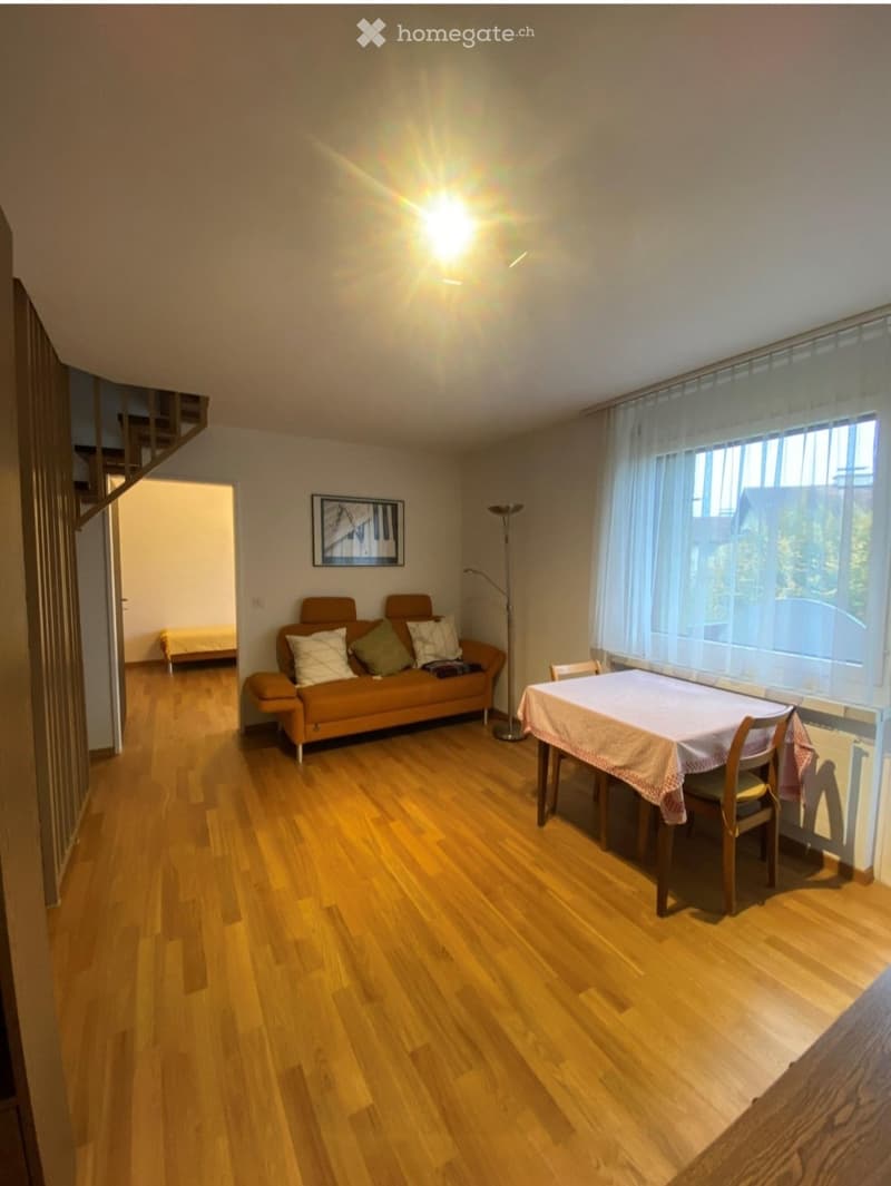 Bright living room with wooden flooring, a brown sofa with cushions, a dining table with chairs, a floor lamp, and a picture frame on the wall.