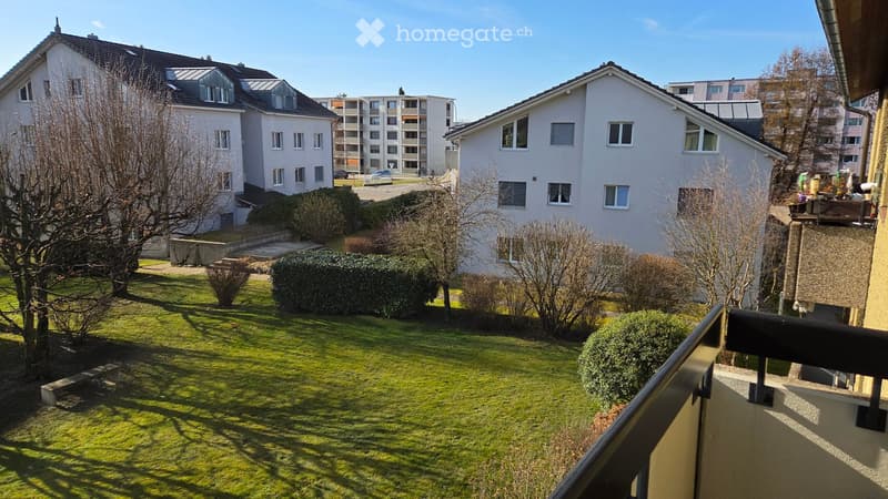 Well-maintained garden with green grass, trimmed bushes, and trees, surrounded by residential buildings and a clear blue sky.
