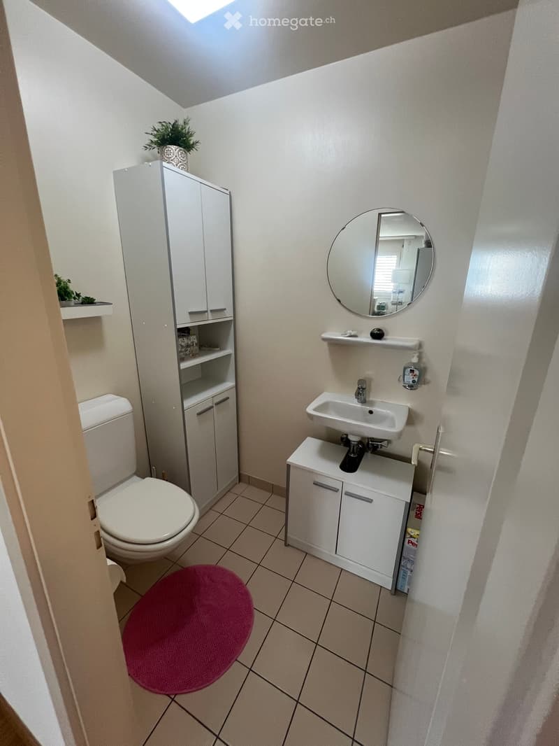 Modern bathroom with white tiled floor, white cabinetry, sink, toilet, and a round pink toilet seat cover.