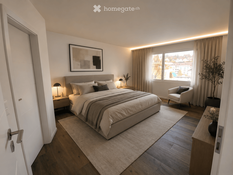 Modern bedroom with a large bed, nightstand, chair, and a view of the city through large windows.