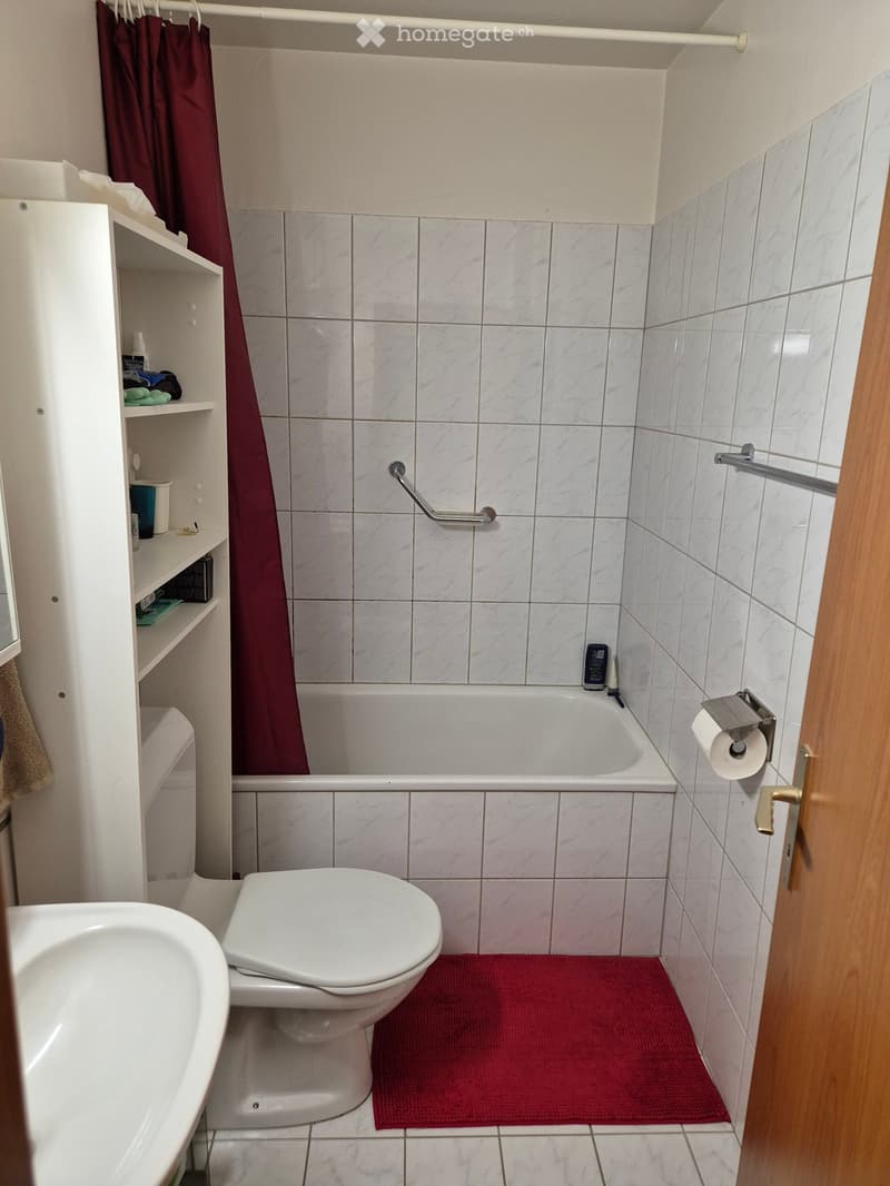 A small bathroom with a toilet, bathtub, sink, and a shelf with toiletries. The walls are tiled in a light marble pattern, and a red bath mat is placed in front of the toilet.