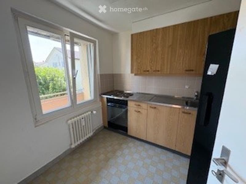 Modern kitchen with wooden cabinets, stainless steel sink, oven, and fridge. Large window with view of greenery.
