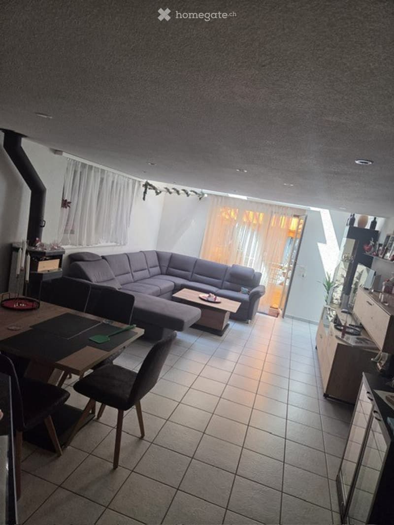 A modern living and dining area with a grey sectional sofa, coffee table, dining table with chairs, and a small cabinet with a plant on top.