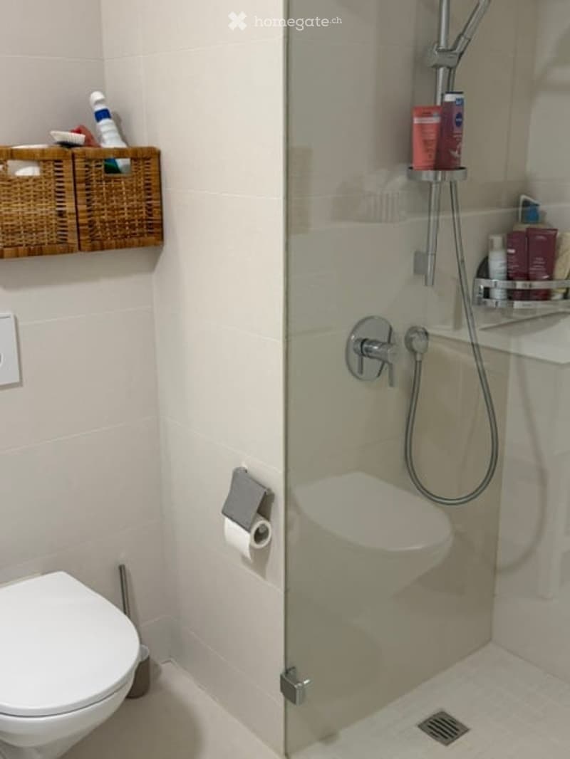 Modern bathroom with a white toilet, glass-enclosed shower, and a wicker basket on the wall holding toiletries.