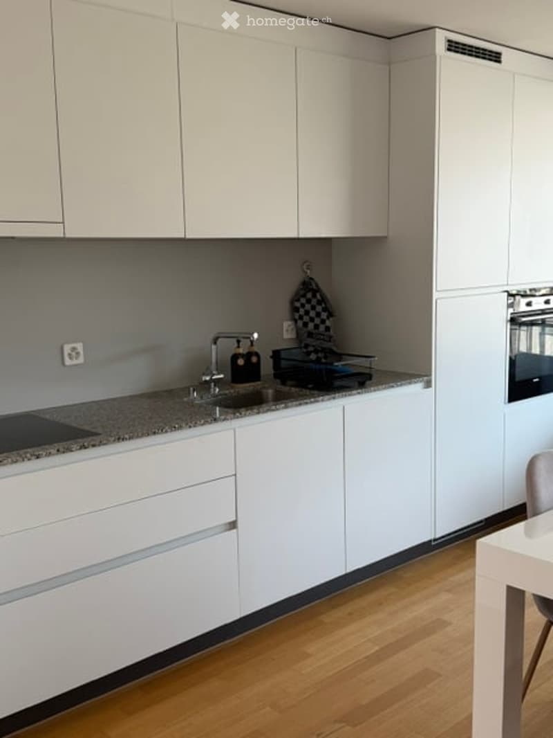 Modern kitchen with white cabinets, granite countertop, stainless steel sink, and built-in oven. Wooden flooring and a small dining table visible.