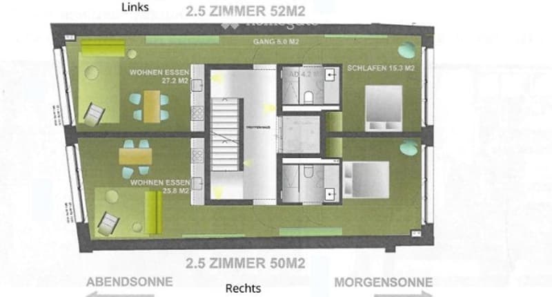 Floor plan of a 2.5-room apartment with52 m² total area. Layout includes living/dining area, bedroom, hallway, and bathroom.