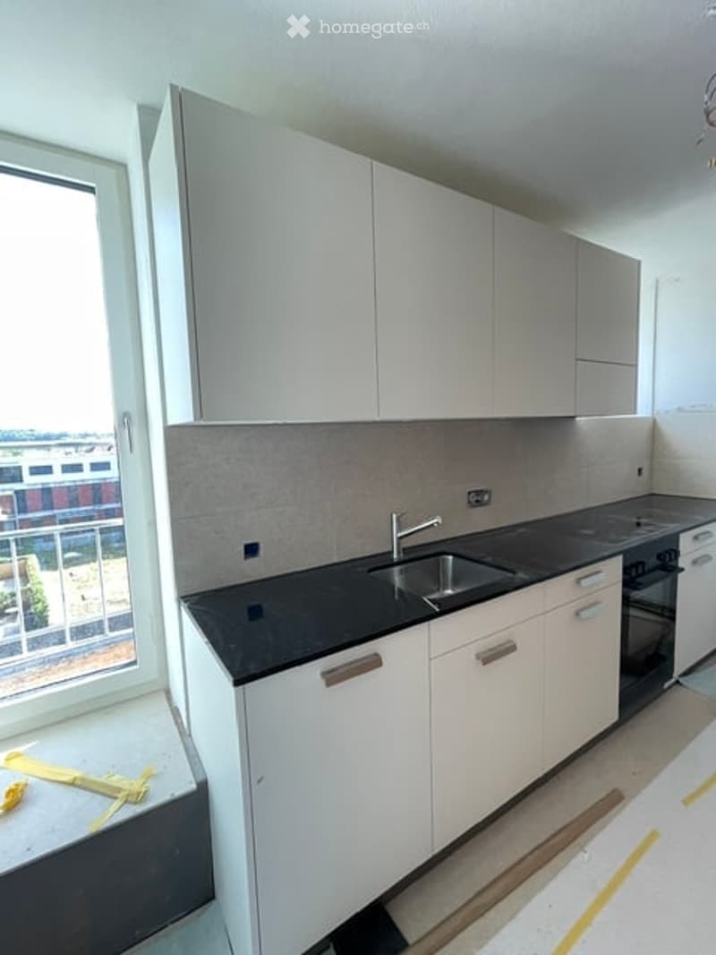 Modern kitchen with white cabinets, black countertops, and a stainless steel sink.