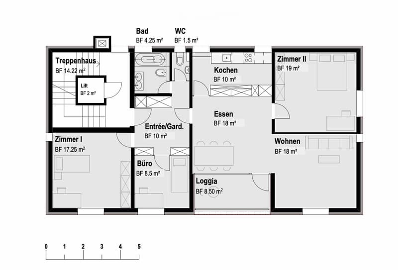Floor plan showing a multi-room layout including a living area, dining area, kitchen, two bedrooms, bathroom, WC, staircase, and loggia.