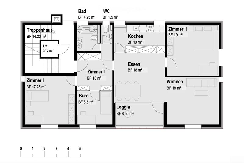 Floor plan of a multi-room apartment including a staircase, living area, kitchen, dining area, two bedrooms, bathroom, WC, office, and loggia.