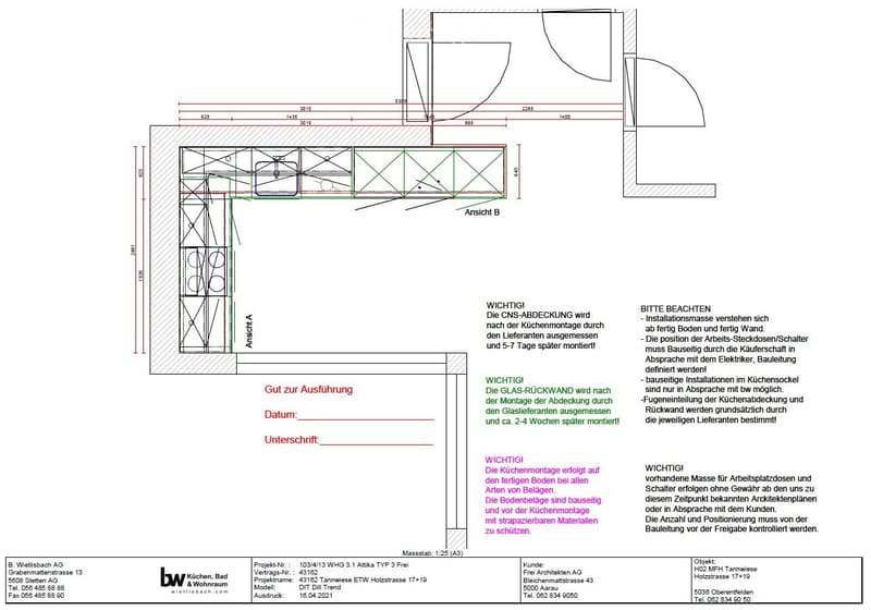 Floor plan of a kitchen area with detailed measurements and annotations, including dimensions, installation instructions, and technical notes.