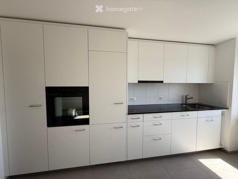Modern kitchen with white cabinets, black countertop, built-in oven, and stainless steel sink.