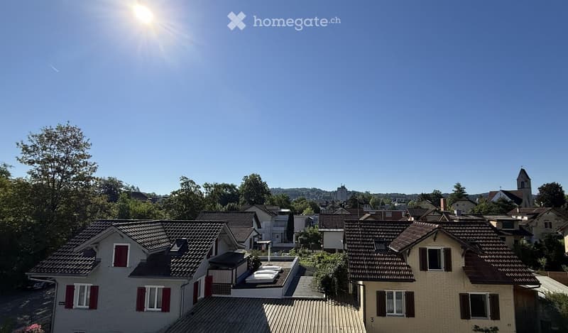 Residential neighborhood with multiple houses, tiled roofs, and a clear blue sky. Visible features include a church tower in the background and a sunny day with bright sunlight.