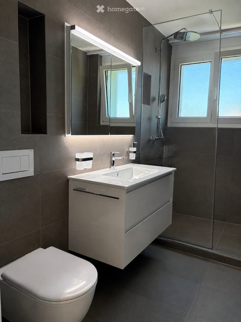 Modern bathroom with a white sink, toilet, large mirror with built-in lighting, glass-enclosed shower, and dark tiled walls and floor.