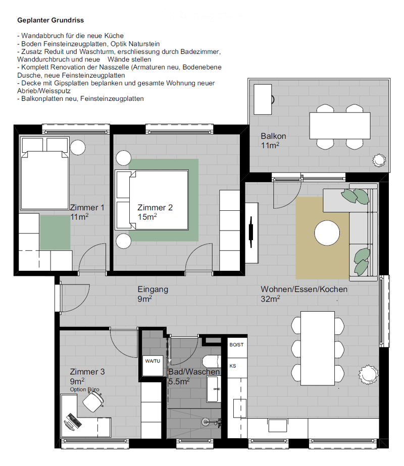 Floor plan showing a 32m² living/dining/kitchen area, three bedrooms (11m², 15m², 9m²), a5.5m² bathroom, and an 11m² balcony.