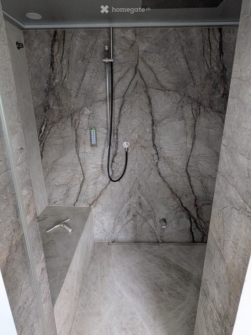Modern shower area with marble walls and floor, featuring a handheld showerhead, control panel, and a shower tray.