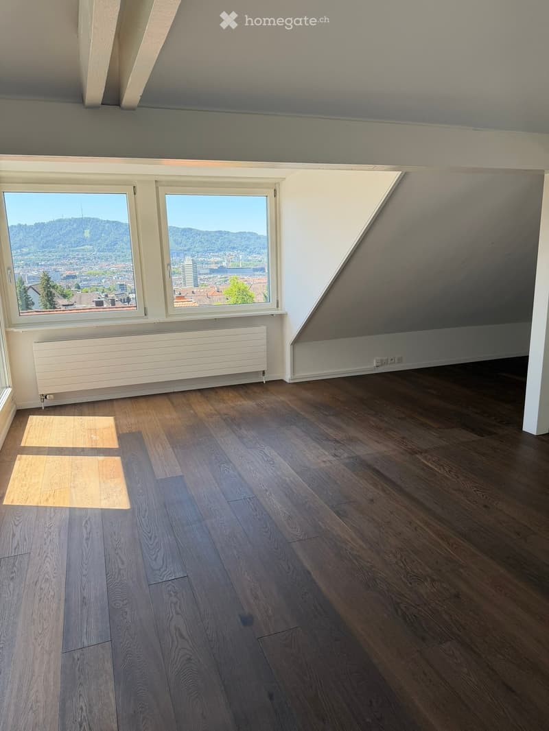 Empty room with wooden flooring, large windows offering a scenic view, radiator, and electrical outlets.